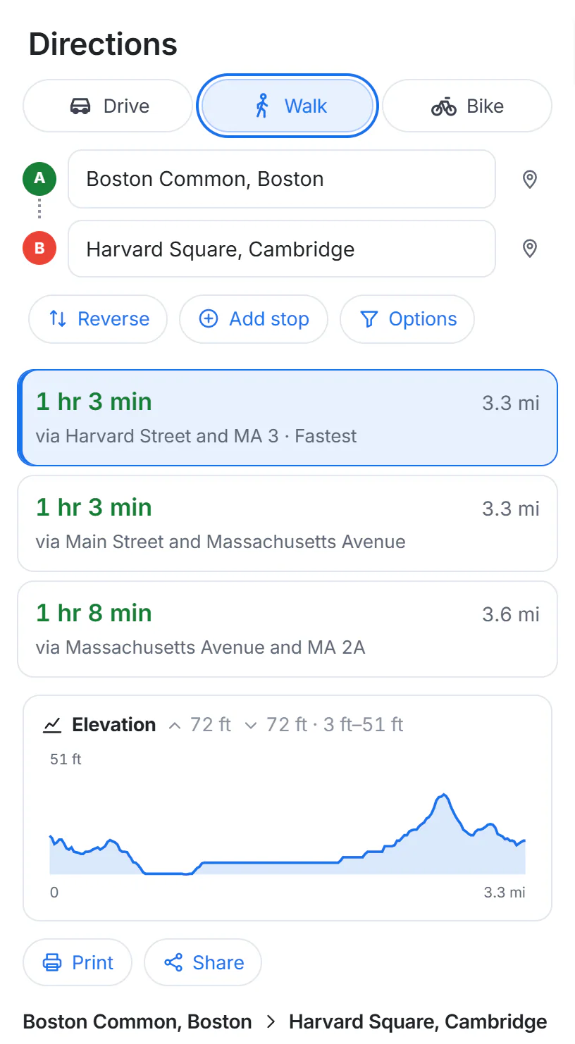 Walking directions from Boston Common to Harvard Square with the Walk button selected, and below the route choices an elevation chart of the route