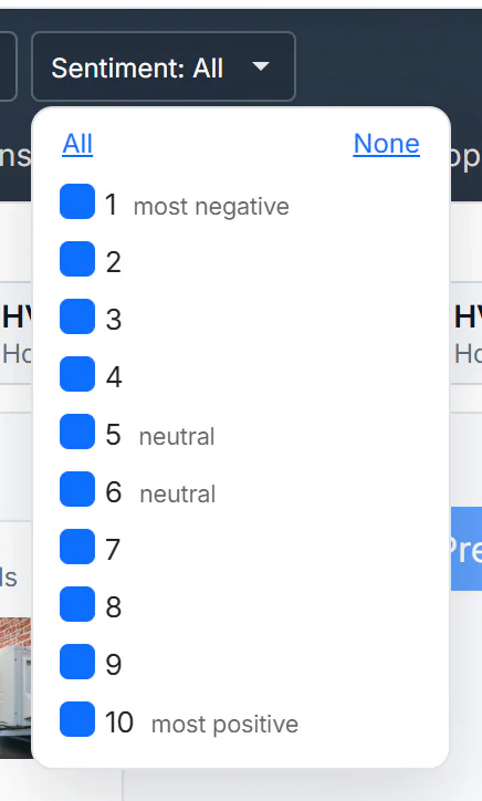The Sentiment menu open, with All and None links and ten checkboxes numbered 1 (most negative) to 10 (most positive)